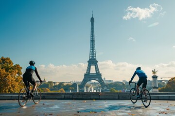 Cyclists with Eiffel Tower in background, sunny day.
