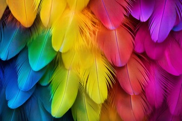 Vibrant Rainbow feathers colorful. Fashion macro. Generate Ai