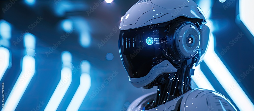 Poster a futuristic robot is positioned in front of a vibrant blue light, emitting a technologically advanc