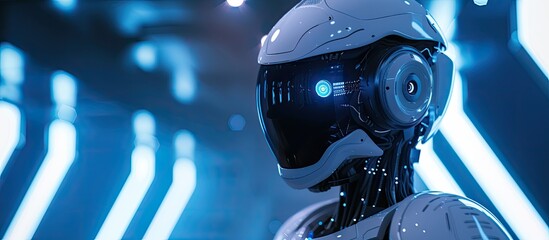 A futuristic robot is positioned in front of a vibrant blue light, emitting a technologically advanced aura. The robot appears alert and ready for action in this high-tech environment.