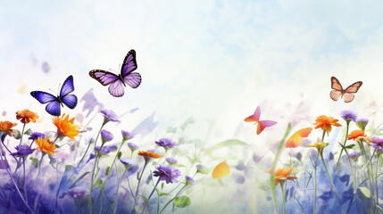 2d abstract water color style group of variants colorful butterfly the flower field. Generative Ai