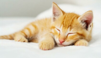 A yellow tabby kitten sleeping on a bed with white sheets. Close-up photo.
