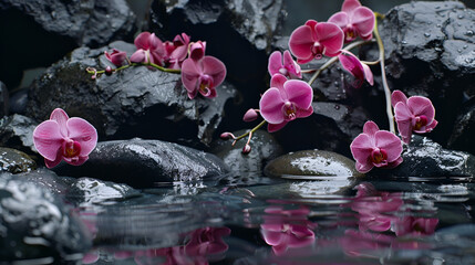 banner for a spa or beauty salon, orchids and black stones in the river