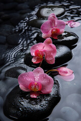 banner for a spa or beauty salon, orchids and black stones in the river