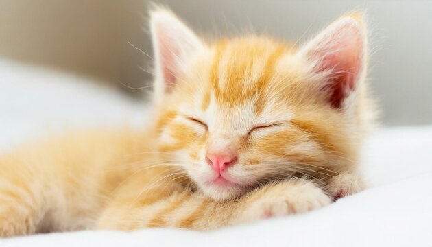 A yellow tabby kitten sleeping on a bed with white sheets. Close-up photo.
