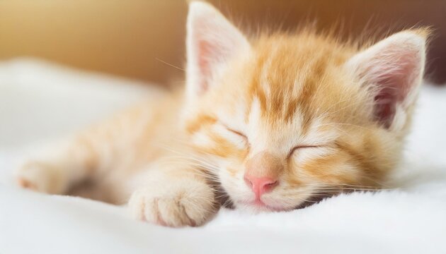 A yellow tabby kitten sleeping on a bed with white sheets. Close-up photo.
