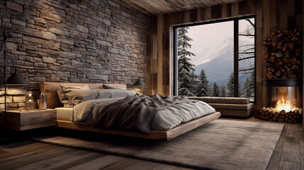 Scandinavian Woodlands retreat double bedroom with floating bed set against a stone clad wall with log fire interior room designed mockup