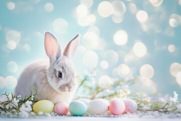 Naklejka na ściany i meble Adorable Bunny Poses Next to Easter Eggs on Soft Blue Background. Easter background