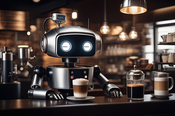 Cute realistic robot barista working in a coffee shop. 3d high quality illustration. - obrazy, fototapety, plakaty