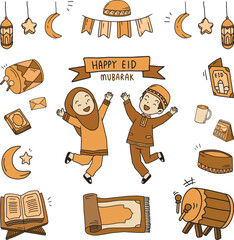 Set of vector doodle element related to Eid. Set of hand drawn symbols and icons for ramadan and holy islamic fest