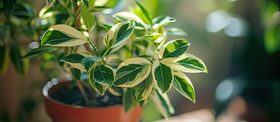 A detailed view of a potted house plant featuring variegated Ficus Benjamina with vibrant green leaves, showcasing the care and cultivation of green home decor.