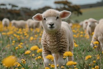 Lamb stands out in organic farm amidst vibrant field of yellow wildflowers, with flock softly focused in background