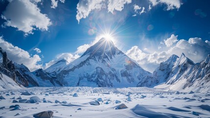 Capture the essence of a climbers summit victory on K2 with a dramatic lens flared horizon backdrop Use high resolution 16k camera for cinematic photorealistic details and documentary authenticity