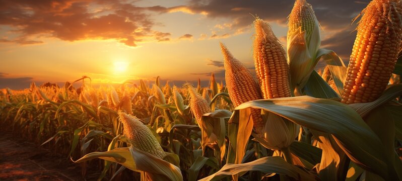 Corn cobs on the background of a cornfield in the sunlight at sunset