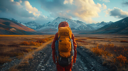 Let�s Go on a Mountain with a Backpack: A Motivational and Inspirational Image of a Traveler Ready for Adventure - obrazy, fototapety, plakaty