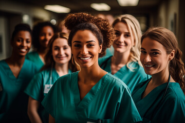 Fototapeta premium Portrait of a group of happy medical students nurses in the teaching hospital. Generative AI