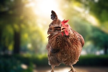 Small farm hen on green grassy field