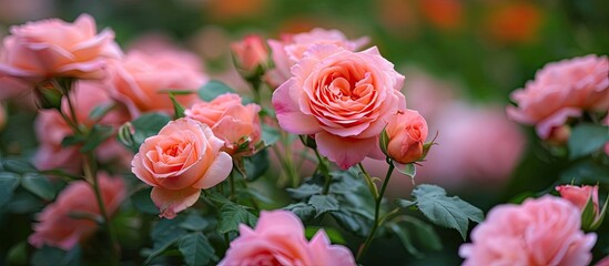 A stunning display of enchanting pink roses nestled among lush green leaves in a beautiful garden.