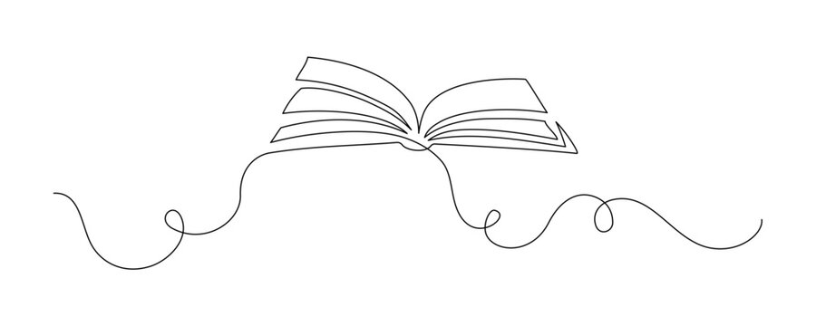 One continuous line drawing of Opened book. Education in school and library studying in simple linear style. Writing draft business in Editable stroke. Doodle outline vector illustration