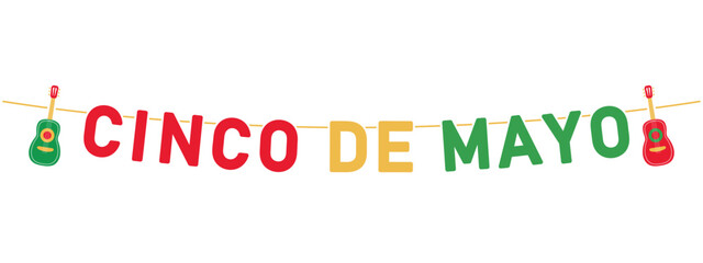 Cinco de Mayo letters with guitar hanging on a string, colorful banner, mexican holiday, decorative vector element