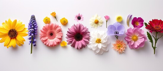 An image capturing a vibrant assortment of different colored flowers arranged on a white surface.