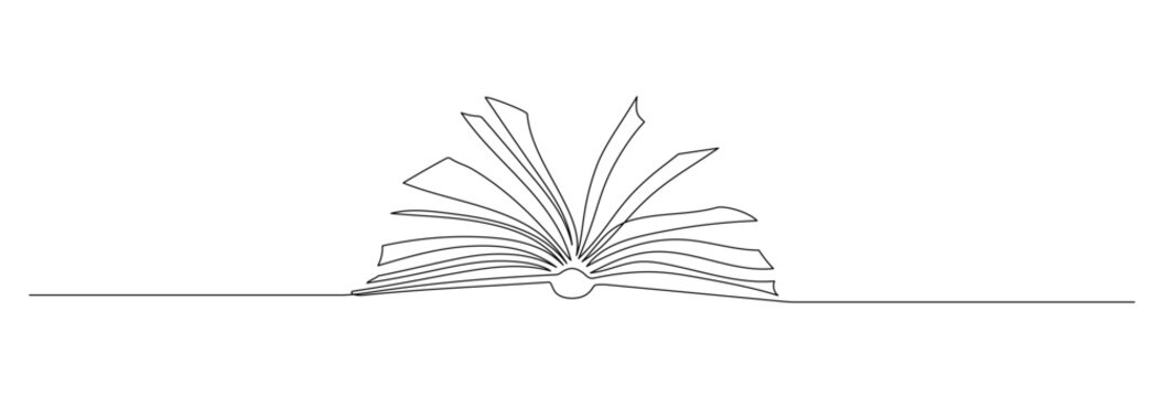 One continuous line drawing of Opened book with pages. Education in school and library studying in simple linear style. Writing draft business in Editable stroke. Doodle vector illustration