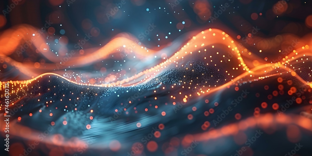 Poster dynamic tech background: moving dots and wave-like particles for seamless design. concept tech backg