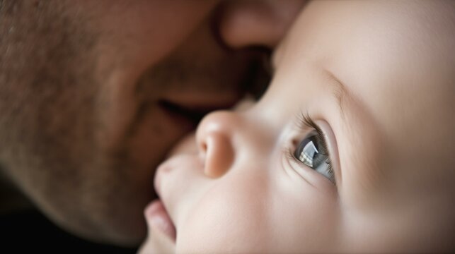 Tender Moment Between Father and Baby - Close-Up of Child's Eye and Parent's Lips