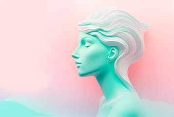 Beautiful sculptural 3d concept - head of a girl in profile on pink background in pastel colors: pink and mint.  Background for websites, banners, advertising.
