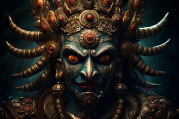 Ferocious Ravana indian demon. Rugged mystical and horned creature with great strength. Generate AI