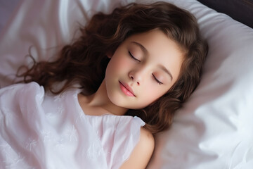 Obraz na płótnie Canvas Brunette little girl sleeping well on white pillow in bed