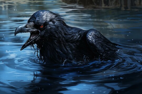 Glossy Raven bird water bath. Street bird animal. Generate Ai
