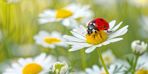Red ladybug on white daisy flower against blurred green natural background - 746164262