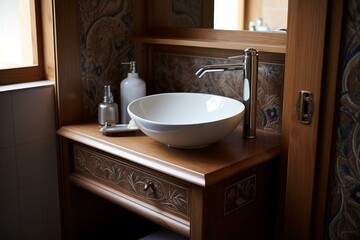 Fototapeta na wymiar Spacious Washbasin cupboard bathroom. Mirror cabinet. Generate Ai