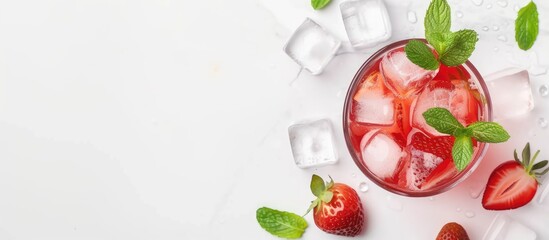 A classic glass is filled with ice and strawberries on top of a wooden table. The strawberries look refreshing and vibrant against the white background.