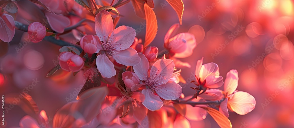 Wall mural Pink flowers are in full bloom on the branches of a tree during the spring season. The vibrant color of the flowers adds a pop of color to the tree.