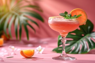 Pink grapefruit and rosemary gin cocktail served in prepared gin cocktail glass - obrazy, fototapety, plakaty
