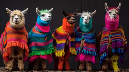 Foto auf Glas Alpacas in Peruvian colorful ponchos in South America © Marc