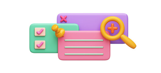 Cute file folder database or backup. Searching and storing documents online connect network. 3D Object magnifying glass, note paper computer data. 3D Illustration.