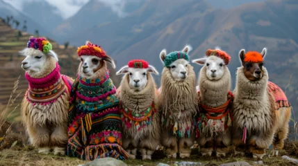 Selbstklebende Fototapeten Alpacas in Peruvian colorful ponchos in South America © Marc