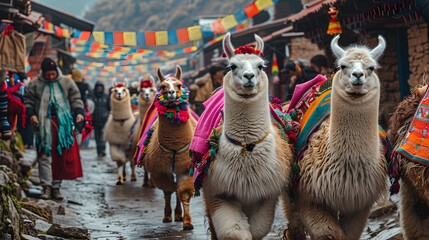 Alpacas in Peruvian colorful ponchos in South America - obrazy, fototapety, plakaty