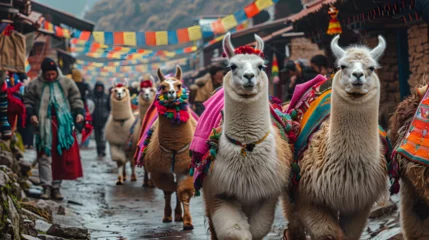 Poster Alpacas in Peruvian colorful ponchos in South America © Marc