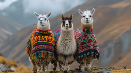Poster Alpacas in Peruvian colorful ponchos in South America © Marc