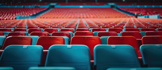 This photo captures the back view of an empty stadium, showcasing rows of red and blue seats. - obrazy, fototapety, plakaty