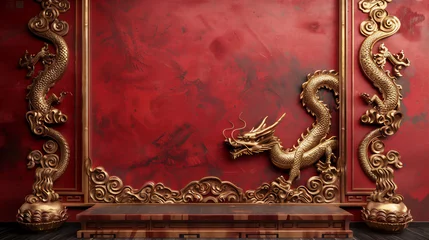 Foto op Plexiglas chinese dragon statue with red wall © Syukra