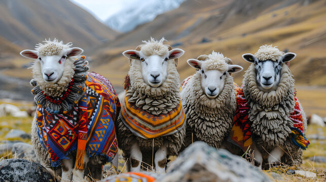 Sweet Sheep with colorful ponchos in Peru - Powered by Adobe