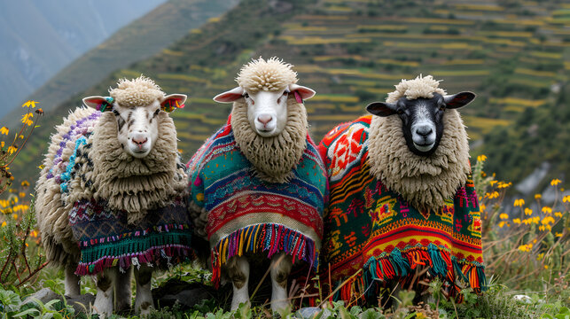 Sweet Sheep with colorful ponchos in Peru