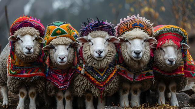 Sweet Sheep with colorful ponchos in Peru