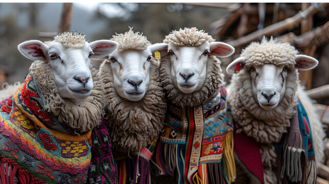 Sweet Sheep with colorful ponchos in Peru