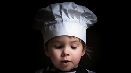 Young Aspiring Chef: Child in Chef Hat with Culinary Dreams Against Black Background